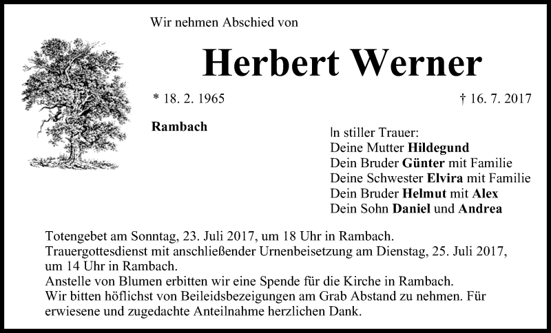  Traueranzeige für Herbert Werner vom 22.07.2017 aus MGO