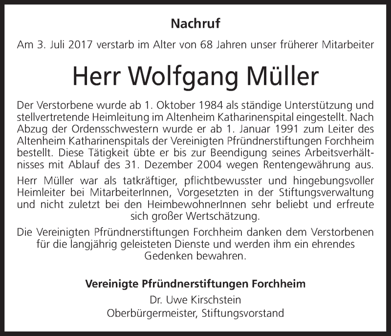  Traueranzeige für Wolfgang Müller vom 13.07.2017 aus MGO