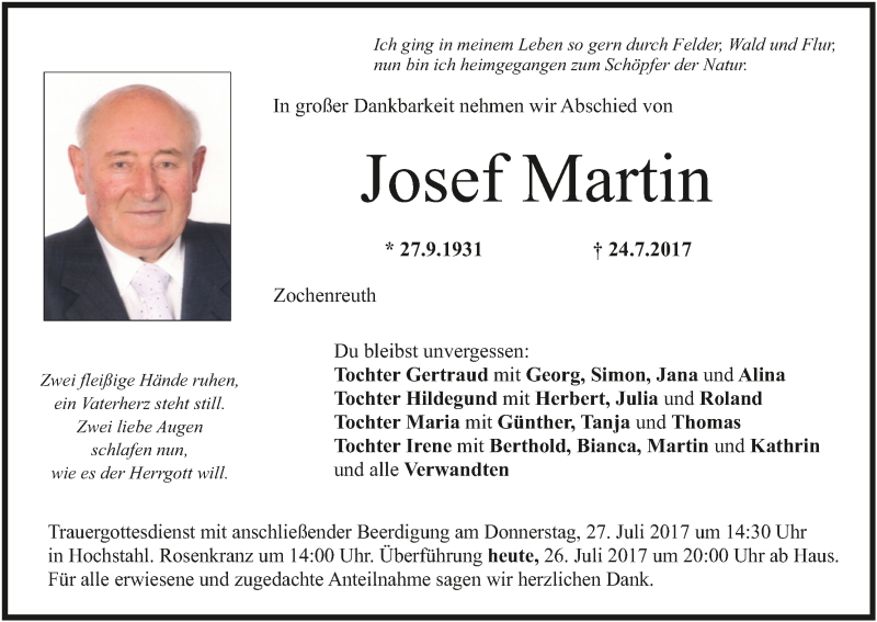  Traueranzeige für Josef Martin vom 26.07.2017 aus MGO