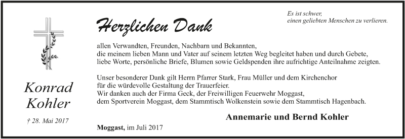  Traueranzeige für Konrad Kohler vom 08.07.2017 aus MGO