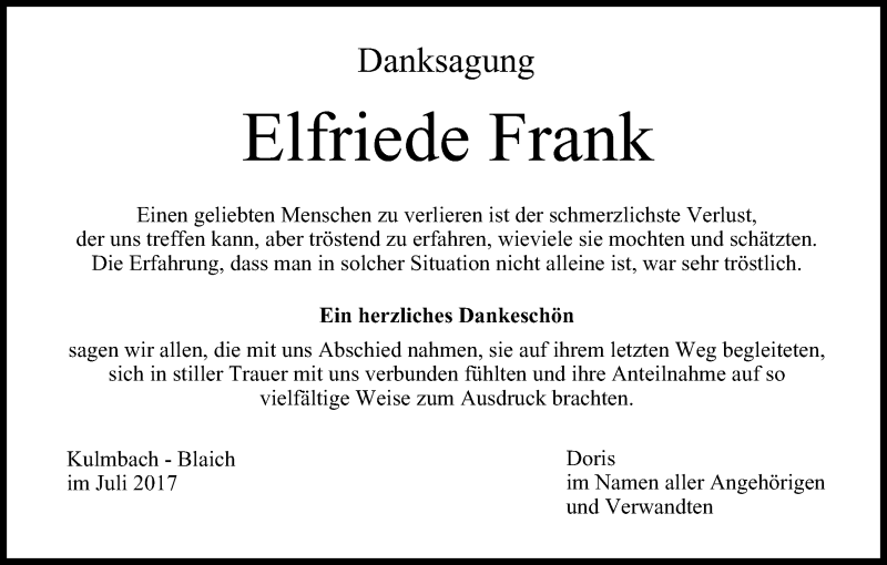  Traueranzeige für Elfriede Frank vom 08.07.2017 aus MGO