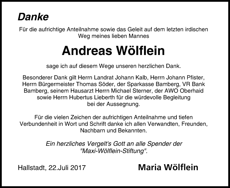  Traueranzeige für Andreas Wölflein vom 22.07.2017 aus MGO