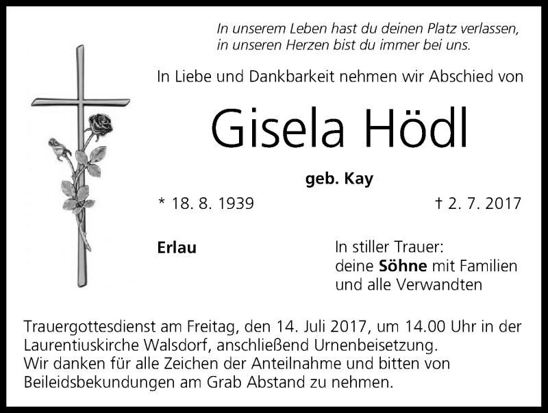  Traueranzeige für Gisela Hödl vom 08.07.2017 aus MGO