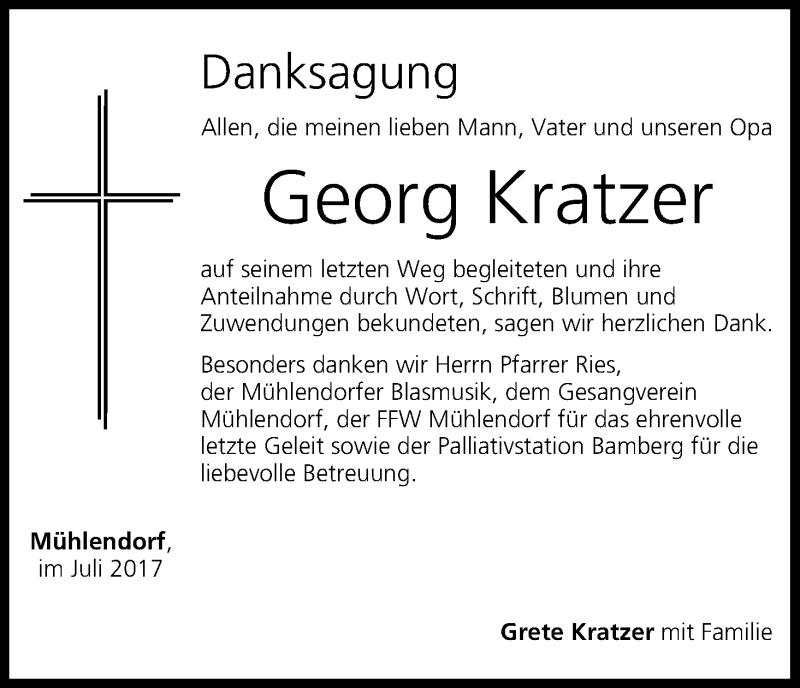  Traueranzeige für Georg Kratzer vom 22.07.2017 aus MGO