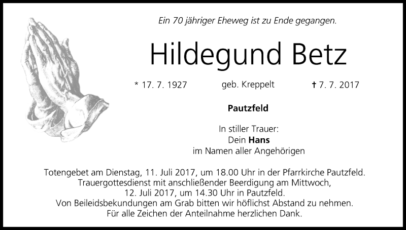  Traueranzeige für Hildegund Betz vom 10.07.2017 aus MGO