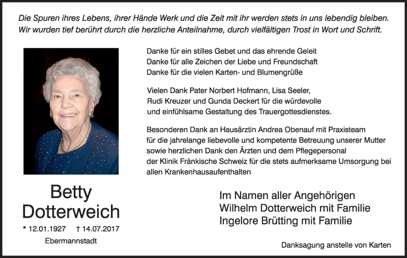  Traueranzeige für Betty Dotterweich vom 22.07.2017 aus MGO