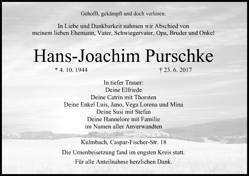  Traueranzeige für Hans-Joachim Purschke vom 11.07.2017 aus MGO