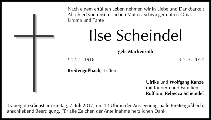  Traueranzeige für Ilse Scheindel vom 04.07.2017 aus MGO