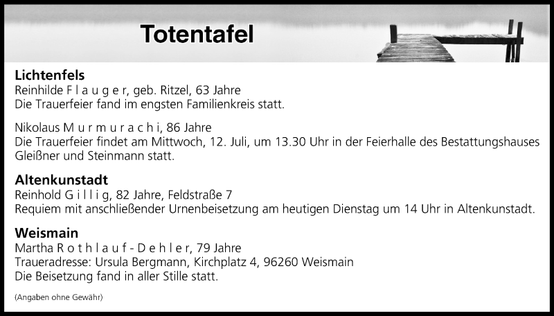  Traueranzeige für Totentafel vom 11.07.2017 vom 11.07.2017 aus MGO