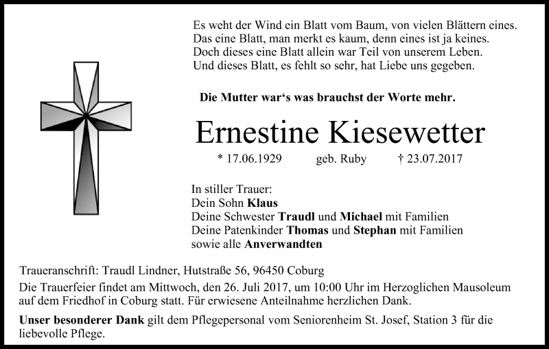  Traueranzeige für Ernestine Kiesewetter vom 25.07.2017 aus MGO