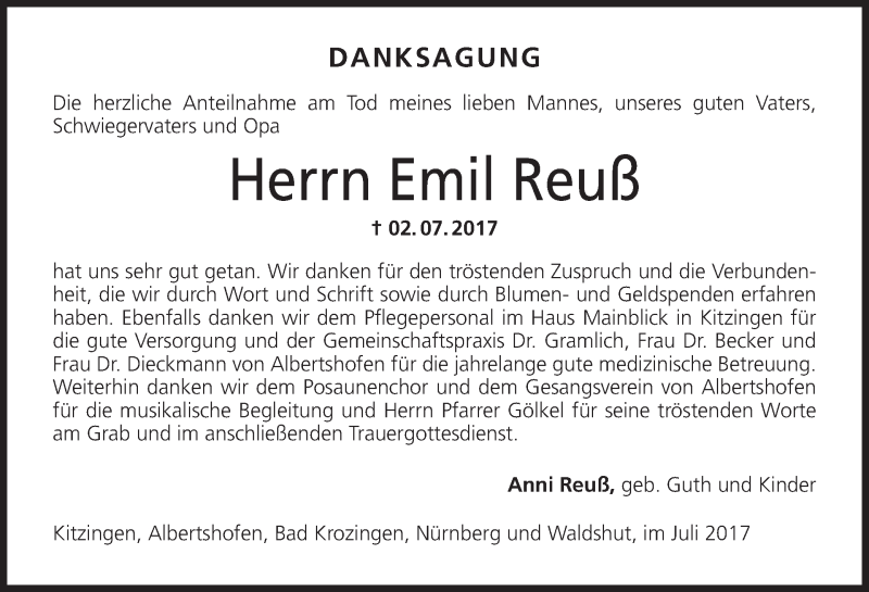  Traueranzeige für Emil Reuß vom 15.07.2017 aus MGO