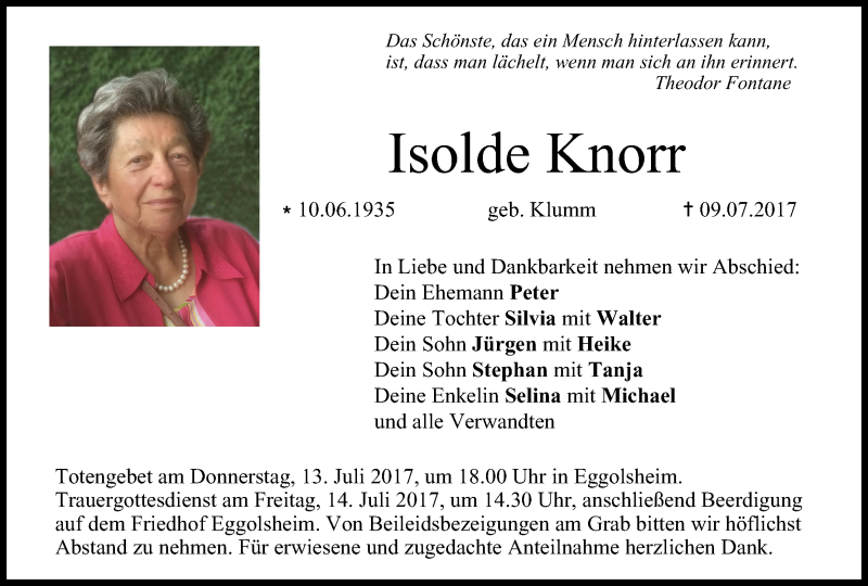  Traueranzeige für Isolde Knorr vom 12.07.2017 aus MGO
