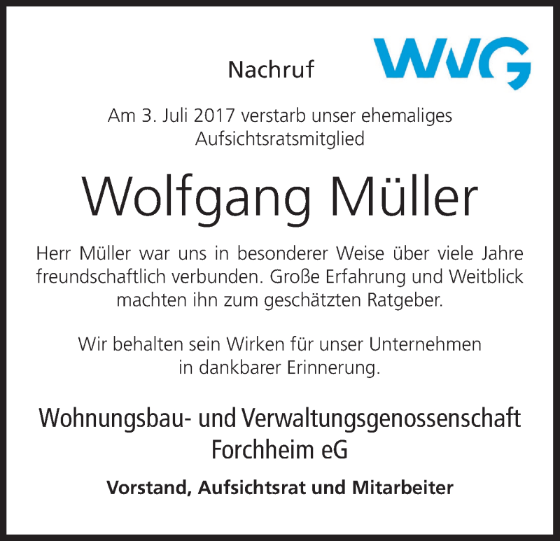  Traueranzeige für Wolfgang Müller vom 15.07.2017 aus MGO