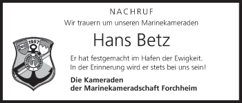 Anzeige von Hans Betz von MGO