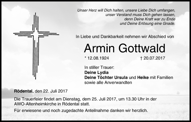  Traueranzeige für Armin Gottwald vom 22.07.2017 aus MGO