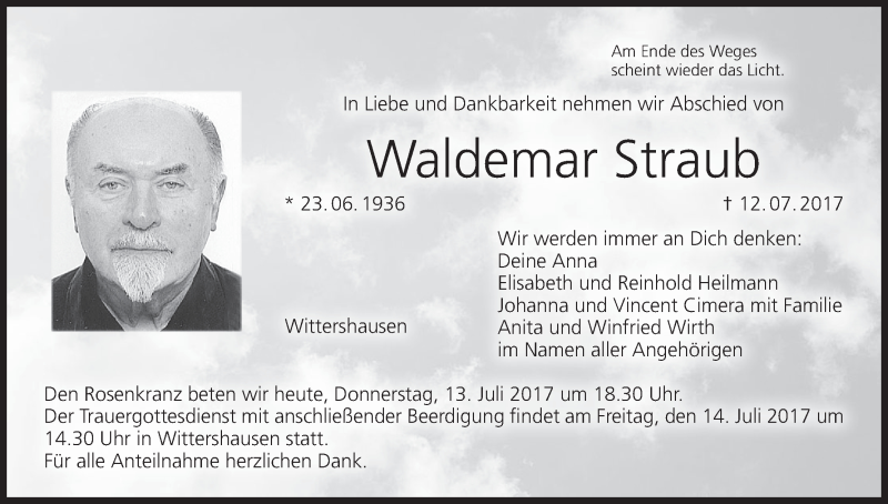  Traueranzeige für Waldemar Straub vom 13.07.2017 aus MGO
