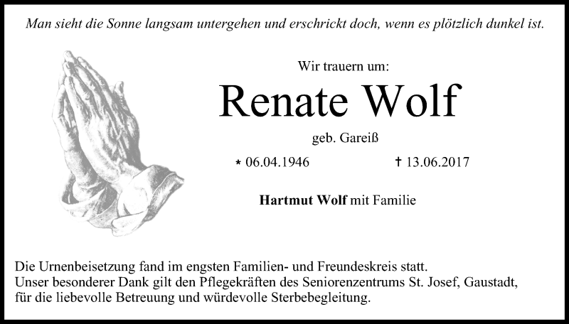  Traueranzeige für Renate Wolf vom 04.07.2017 aus MGO