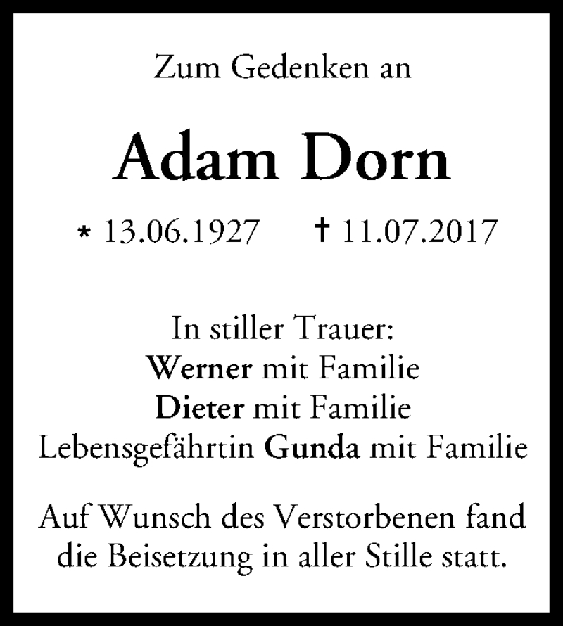 Traueranzeige für Adam Dorn vom 22.07.2017 aus MGO