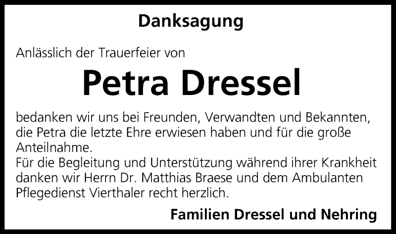  Traueranzeige für Petra Dressel vom 06.07.2017 aus MGO