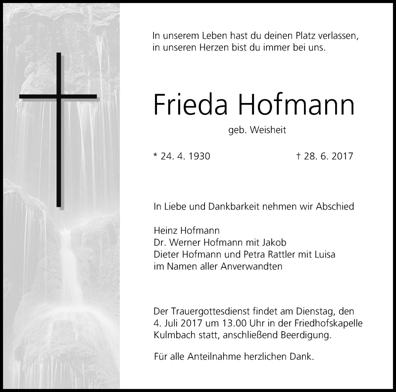  Traueranzeige für Frieda Hofmann vom 01.07.2017 aus MGO