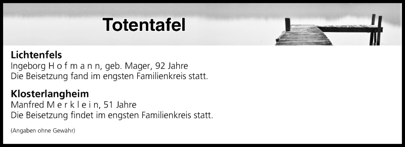  Traueranzeige für Totentafel vom 01.07.2017 vom 01.07.2017 aus MGO