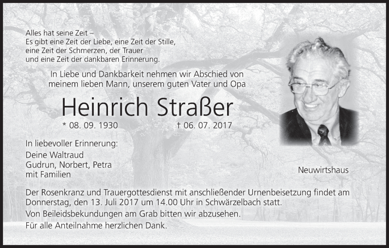  Traueranzeige für Heinrich Straßer vom 11.07.2017 aus MGO