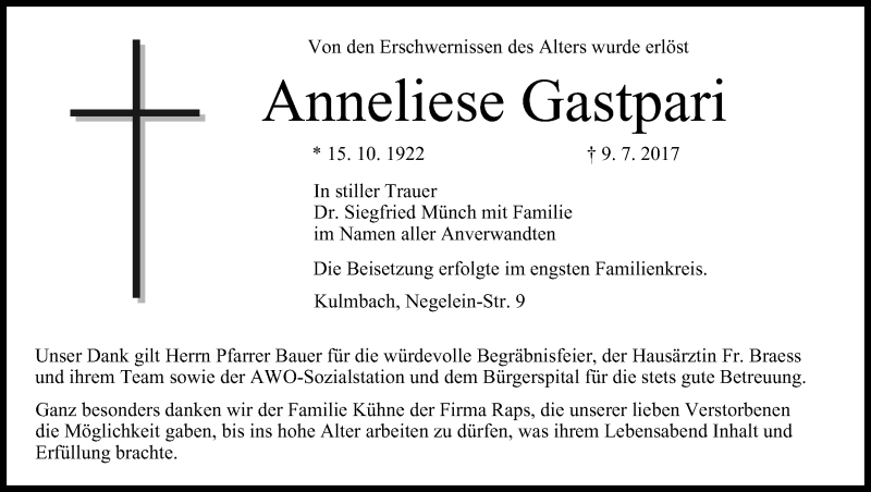  Traueranzeige für Anneliese Gastpari vom 17.07.2017 aus MGO