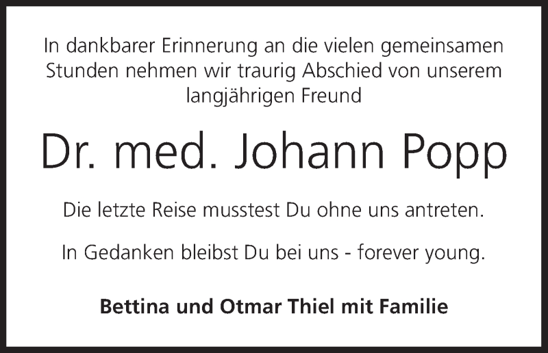  Traueranzeige für Johann Popp vom 26.07.2017 aus MGO