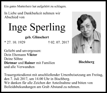 Anzeige von Inge Sperling von MGO