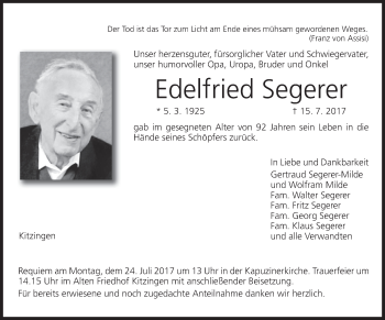 Anzeige von Edelfried Segerer von MGO