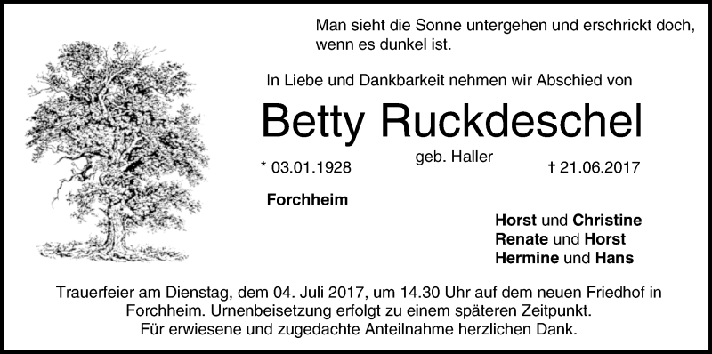  Traueranzeige für Betty Ruckdeschel vom 01.07.2017 aus MGO