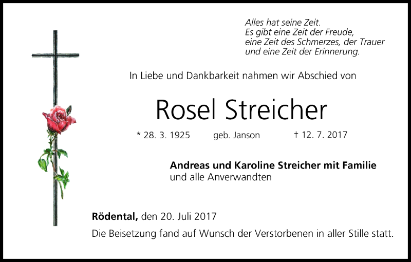  Traueranzeige für Rosel Streicher vom 20.07.2017 aus MGO