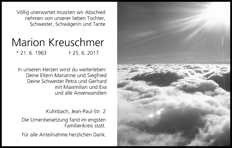 Traueranzeige für Marion Kreuschmer vom 21.07.2017 aus MGO