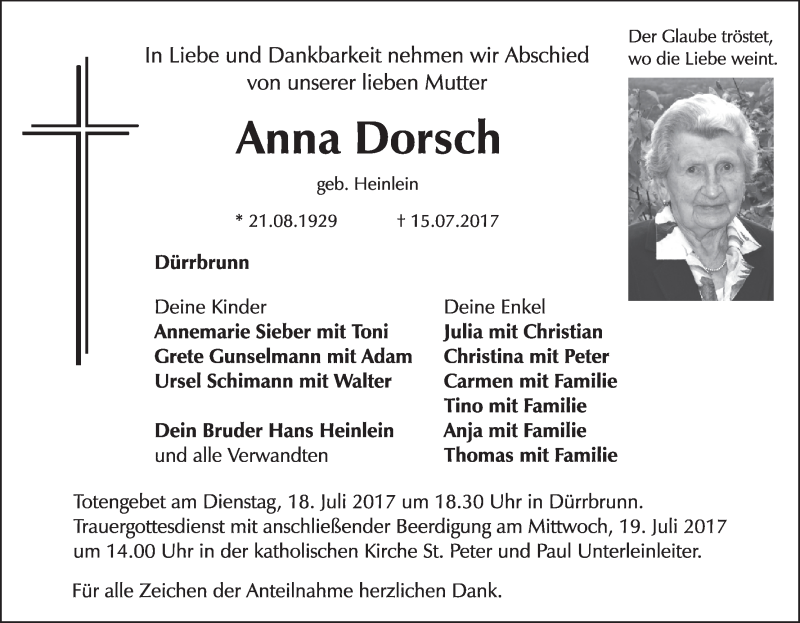 Traueranzeige für Anna Dorsch vom 18.07.2017 aus MGO