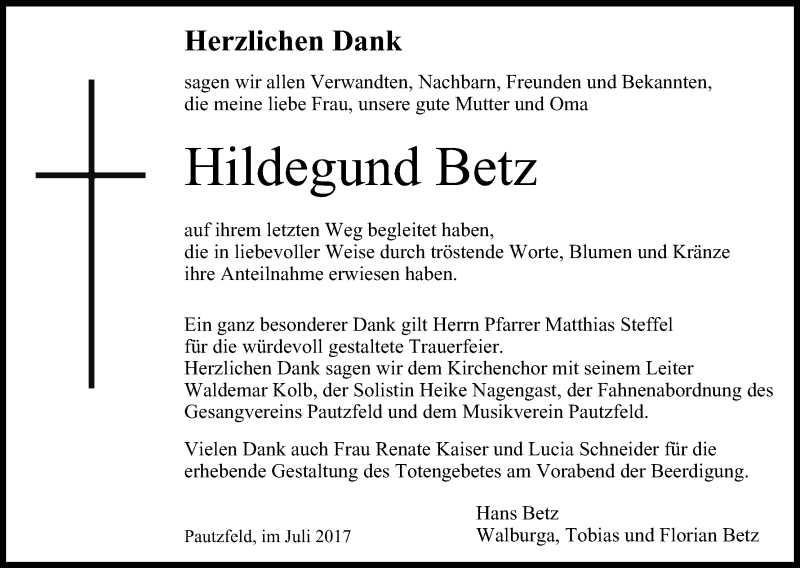  Traueranzeige für Hildegund Betz vom 22.07.2017 aus MGO