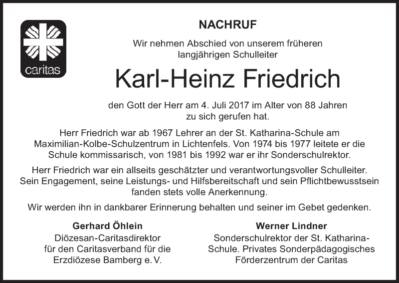  Traueranzeige für Karl-Heinz Friedrich vom 12.07.2017 aus MGO
