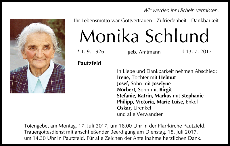  Traueranzeige für Monika Schlund vom 15.07.2017 aus MGO