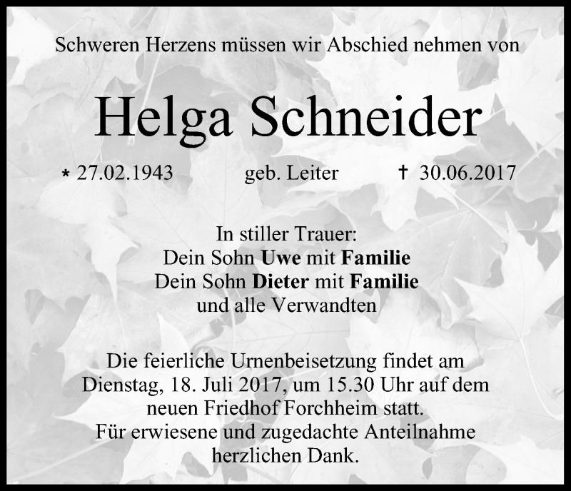  Traueranzeige für Helga Schneider vom 15.07.2017 aus MGO