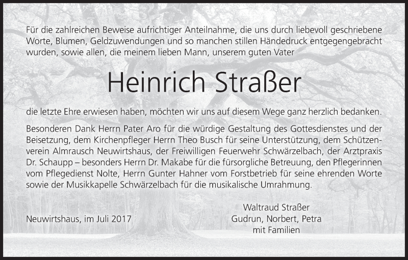  Traueranzeige für Heinrich Straßer vom 22.07.2017 aus MGO