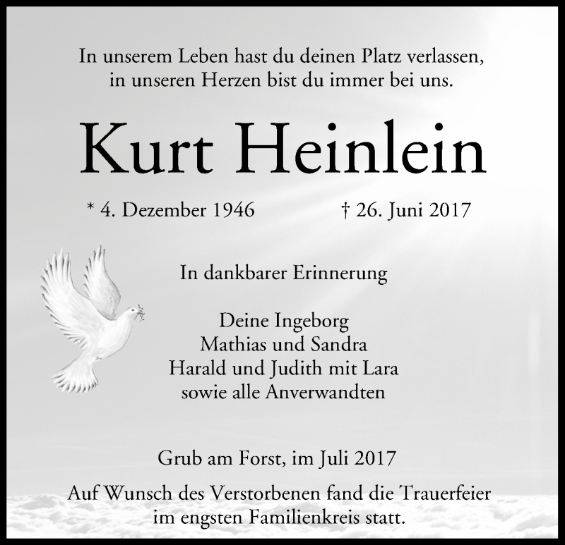  Traueranzeige für Kurt Heinlein vom 08.07.2017 aus MGO
