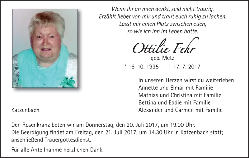  Traueranzeige für Ottilie Fehr vom 19.07.2017 aus MGO