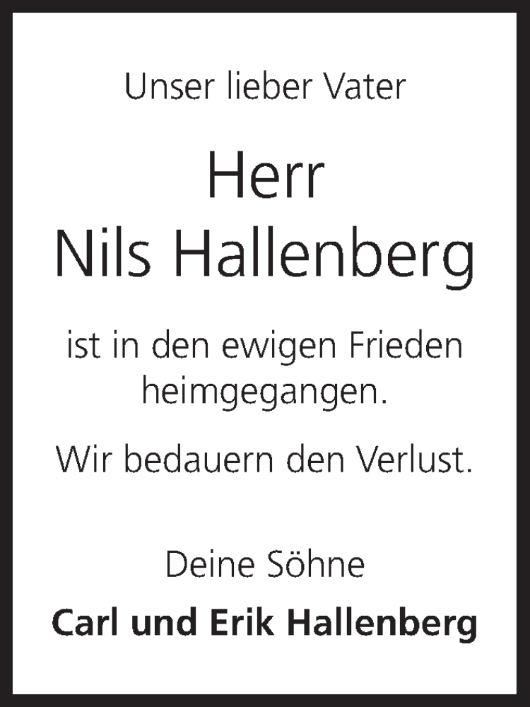  Traueranzeige für Nils Hallenberg vom 22.07.2017 aus MGO