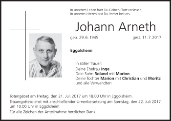Anzeige von Johann Arneth von MGO