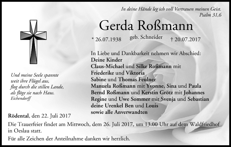  Traueranzeige für Gerda Roßmann vom 22.07.2017 aus MGO