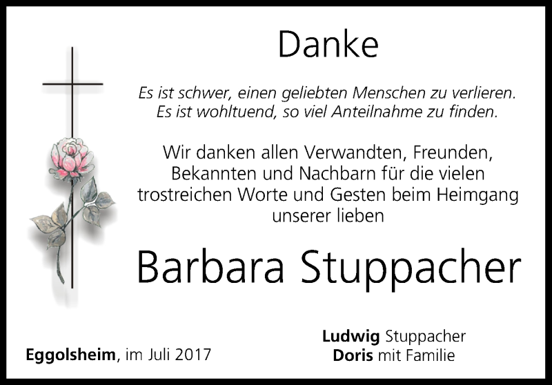  Traueranzeige für Barbara Stuppacher vom 15.07.2017 aus MGO