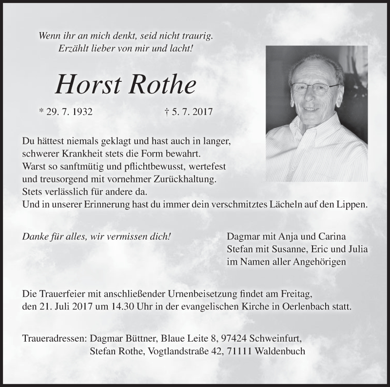  Traueranzeige für Horst Rothe vom 15.07.2017 aus MGO