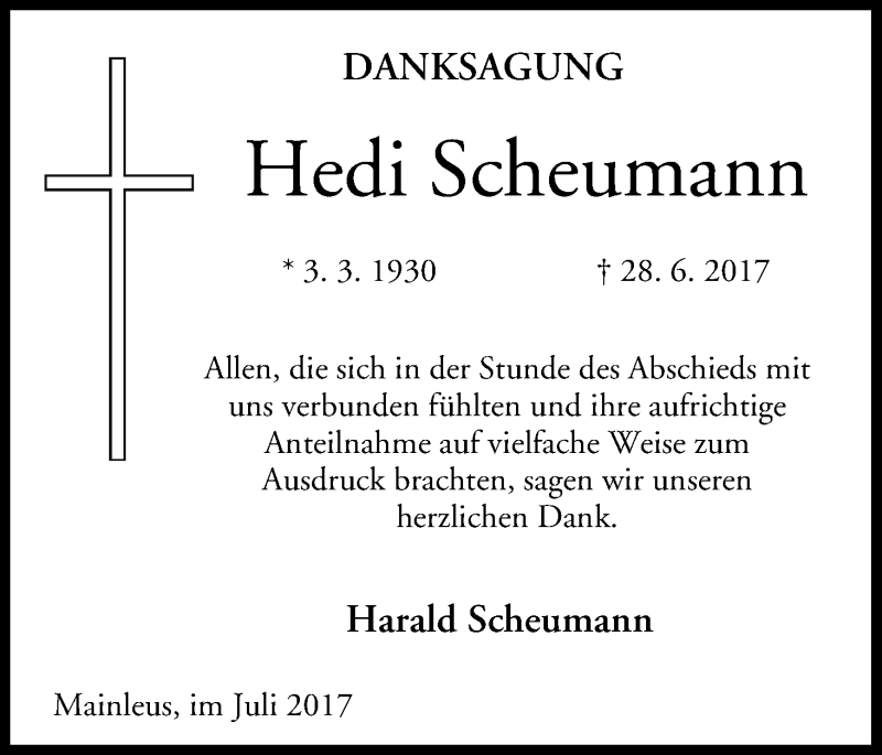  Traueranzeige für Hedi Scheumann vom 19.07.2017 aus MGO
