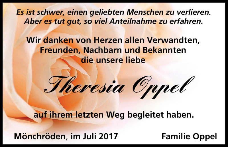  Traueranzeige für Theresia Oppel vom 15.07.2017 aus MGO