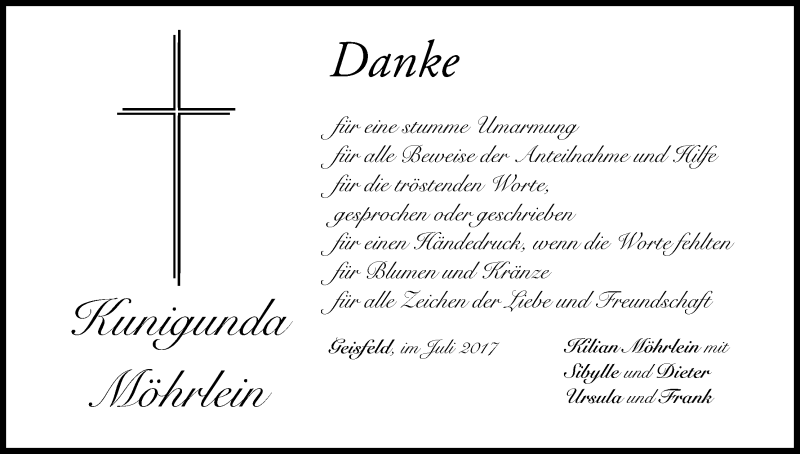  Traueranzeige für Kunigunda Möhrlein vom 08.07.2017 aus MGO