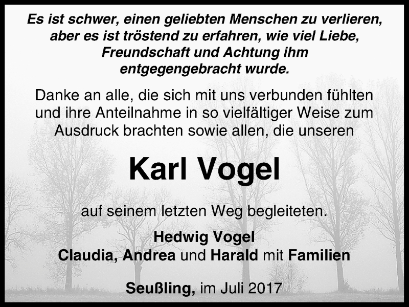  Traueranzeige für Karl Vogel vom 01.07.2017 aus MGO